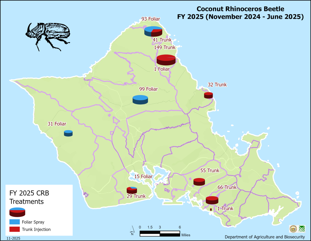 Map of fiscal year 2025 cocnut rhinoceros beetle tratments on the island of Oahu
