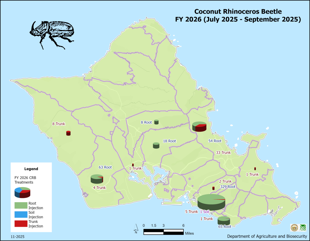 Map of fiscal year 2026 cocnut rhinoceros beetle tratments on the island of Oahu