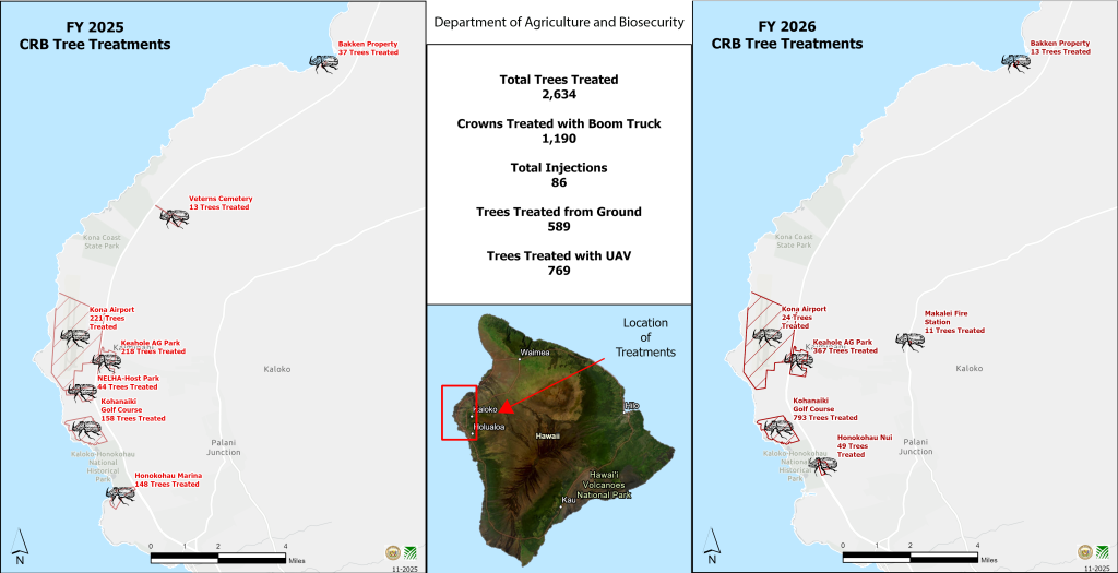 Map of Coconut rhinceros beetle treaments on Kona, Hawaii Island fiscal year 2025 & 2026